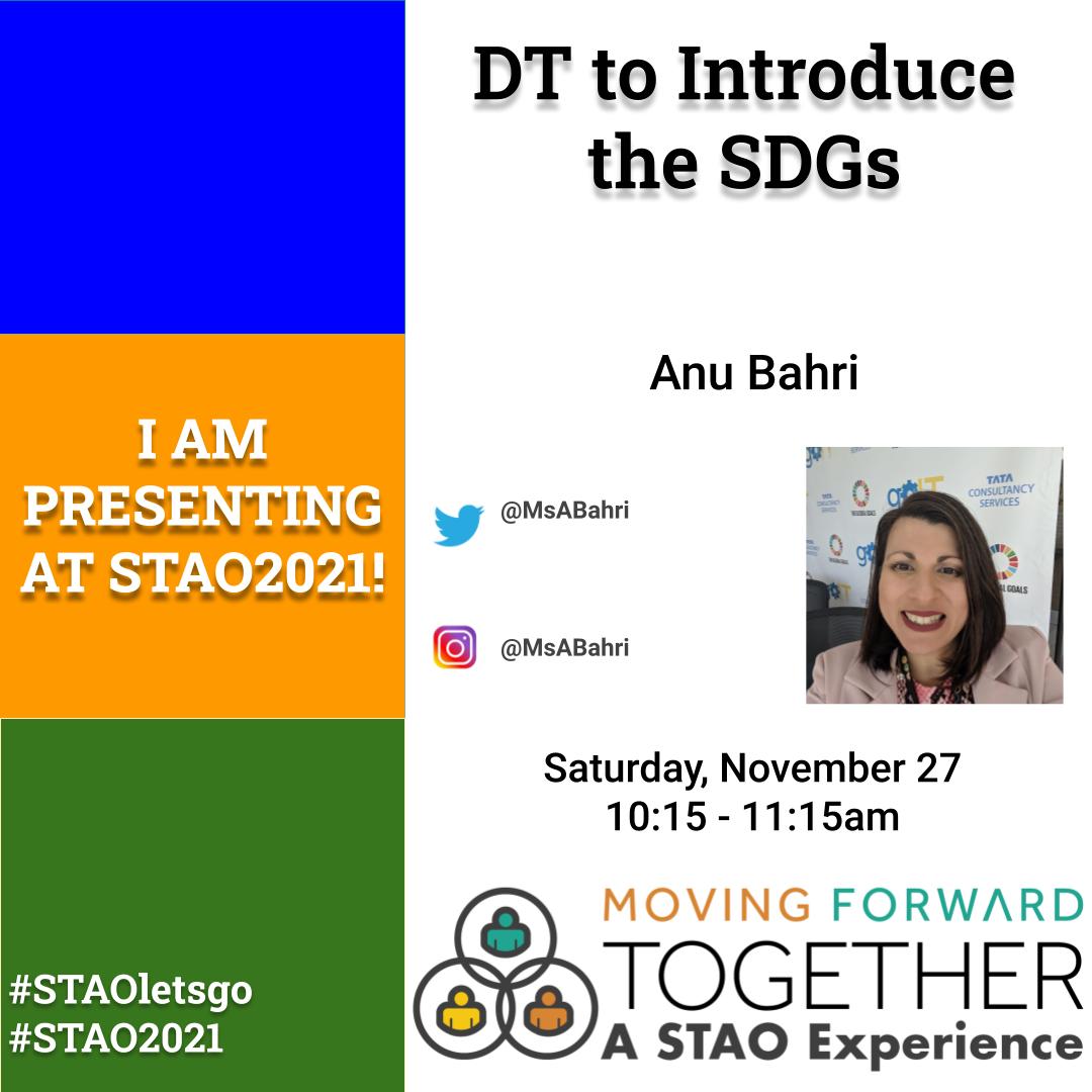 MsABahri's tweet photo. How can DT #DesignThinking inspire your students to learn about the #SDGs?
Find out Saturday morning @staoapso conference when you can attend my hands on workshop. Let's get your students creativity ignited!
#InnovationLifeCycle #AppDesign #ComputerScience #21stCenturySkills https://t.co/t6L2nfiOg9