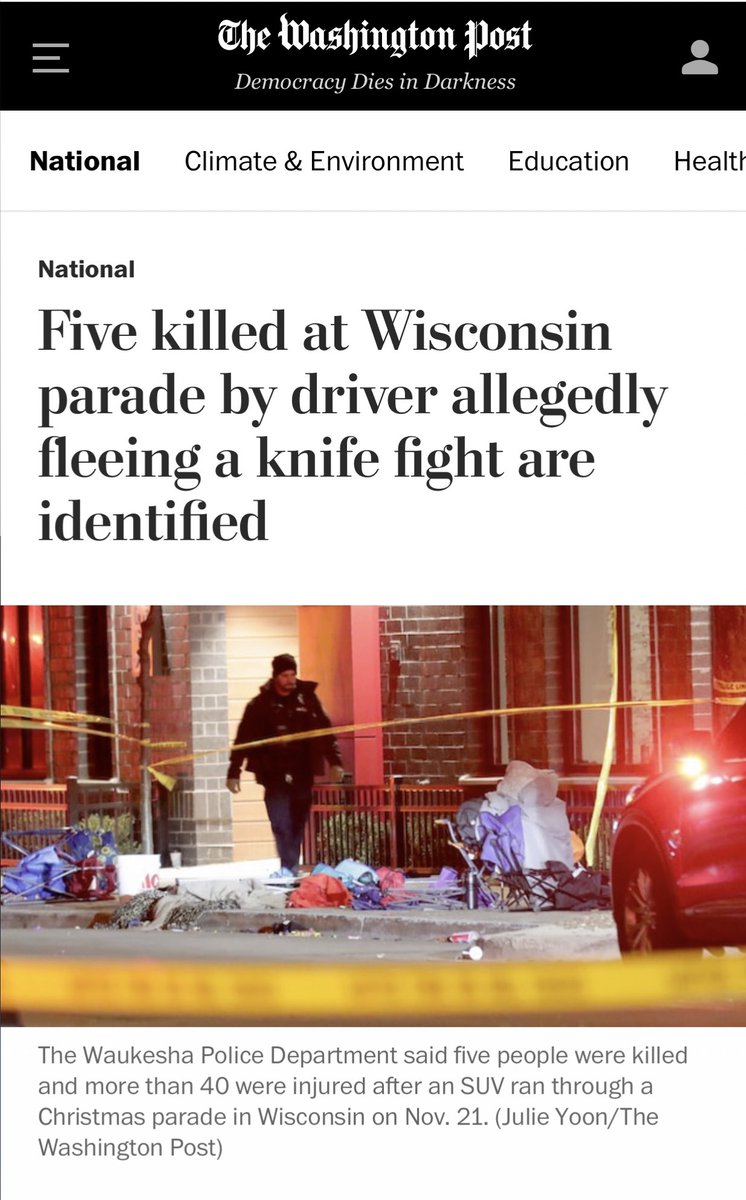 Cernovich's tweet photo. Nearly every corporate media ran with the false claim that the Wisconsin massacre driver had been in a knife fight and was fleeing police. This, as the Chief said today in a press conference, was disinformation. 

Here is WaPo lying. They all lie. All they do is lie. https://t.co/gQdeJpFh4O