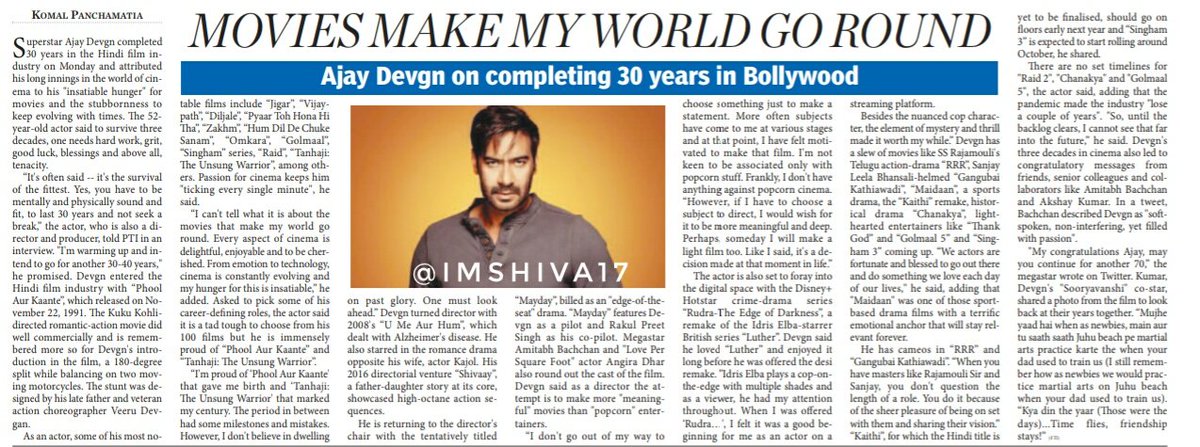 imshiva17's tweet photo. MOVIES MAKE MY WORLD GO ROUND
@ajaydevgn on completing
30 years in Bollywood
On Monday, #AjayDevgan clocked
three decades in the industry.
Wife #Kajol showered love on
hubby dearest to mark the milestone.
#30YearsOfAjayDevgn https://t.co/Og0tuGKoWD