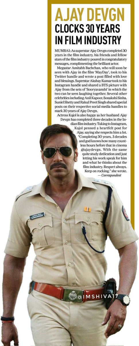 imshiva17's tweet photo. MOVIES MAKE MY WORLD GO ROUND
@ajaydevgn on completing
30 years in Bollywood
On Monday, #AjayDevgan clocked
three decades in the industry.
Wife #Kajol showered love on
hubby dearest to mark the milestone.
#30YearsOfAjayDevgn https://t.co/Og0tuGKoWD