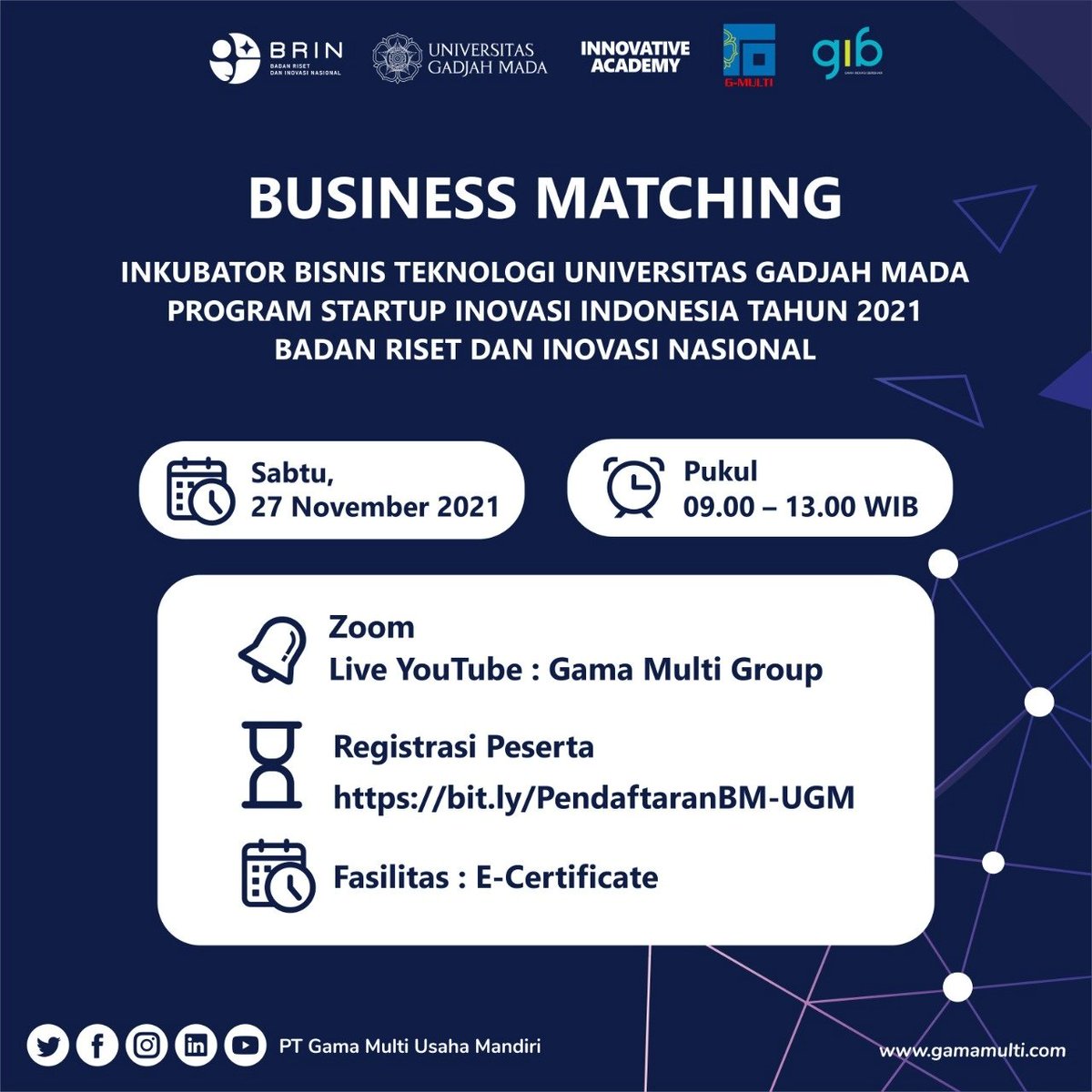 gmum_group's tweet photo. Inkubator Bisnis Teknologi UGM bersama dengan BRIN akan menyelenggarakan Business Matching Program Startup Inovasi Indonesia Tahun 2021, pada ;
 📔 Hari : Sabtu,27 November 2021, 09:00 - 13:00 WIB
 💻 Tempat : Zoom dan Live YouTube 🔗Registrasi Peserta : https://t.co/GICPiwlPll https://t.co/hB44cx5CgO