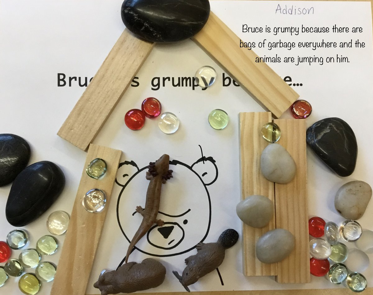 RBELibraryLC's tweet photo. We love ALL of the Bruce stories by Ryan T. Higgins @RyanT_Higgins in our Library Learning Commons! After reading the series, students in Kindergarten made their own story provocations to come up with new story ideas for why Bruce is so grumpy! #librarylearning #sd35 https://t.co/Z17T2MAqQR