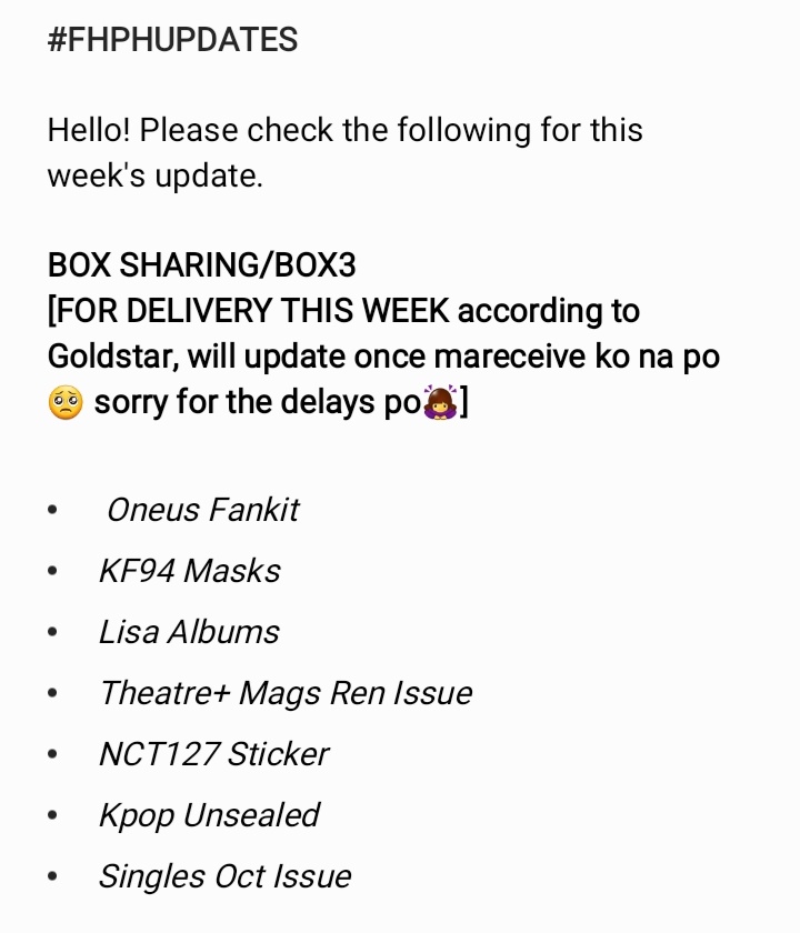 fanshubph's tweet photo. #FHPHUPDATES
Hello fam! Please check the photo below for your orders updates. Again, we are offline every Sundays and Mondays that's why we can only answer DMs by tuesday~. https://t.co/1zHYLhXkg5