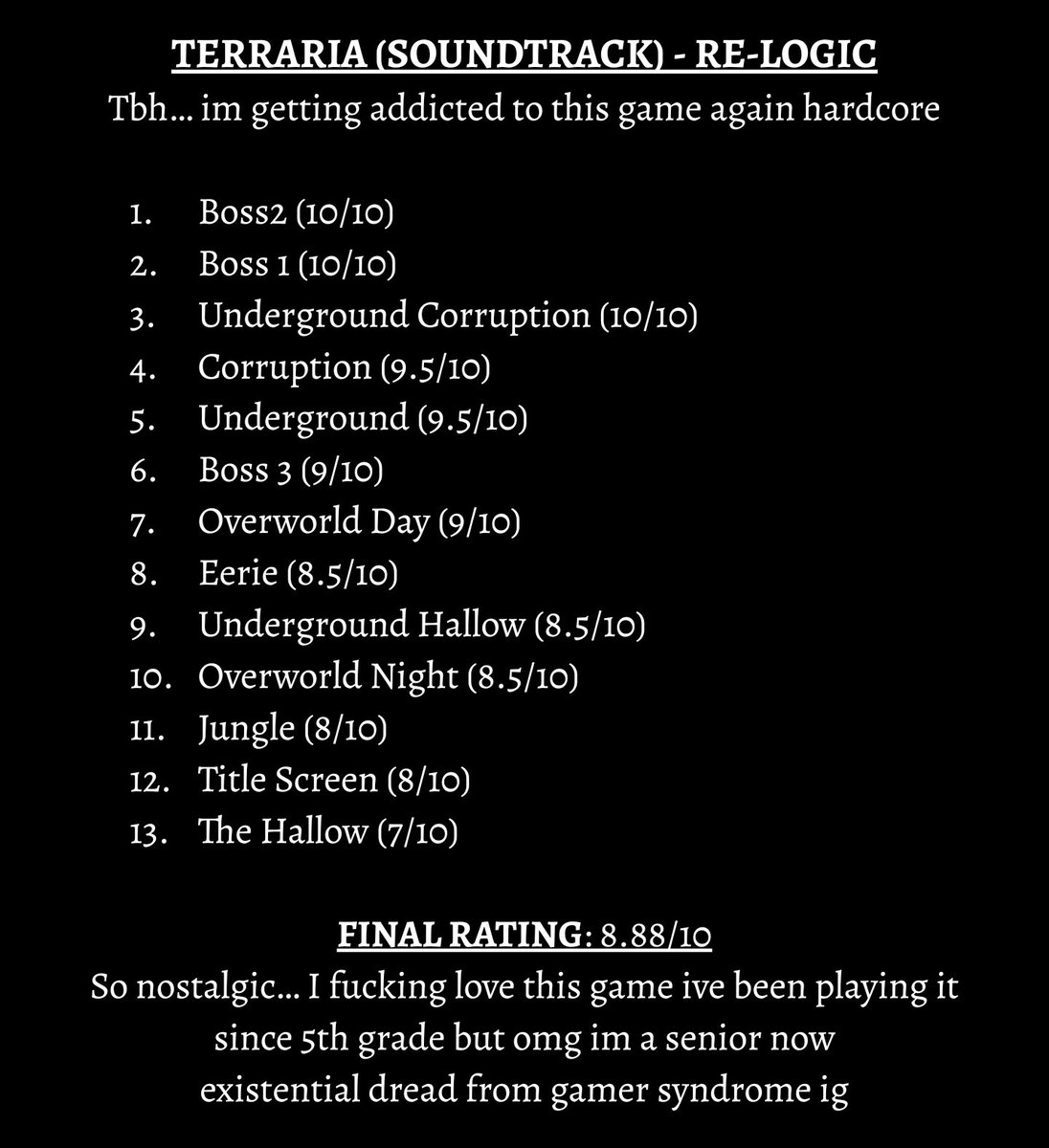 thescarecid's tweet photo. ALBUM 91 (11-22-21)
Terraria (Soundtrack) - Re-Logic
Bit of a unique choice here i know... but i had to
#dailyalbum #terraria #videogamemusic #soundtrack @Terraria_Logic https://t.co/UeUhWwZq0s