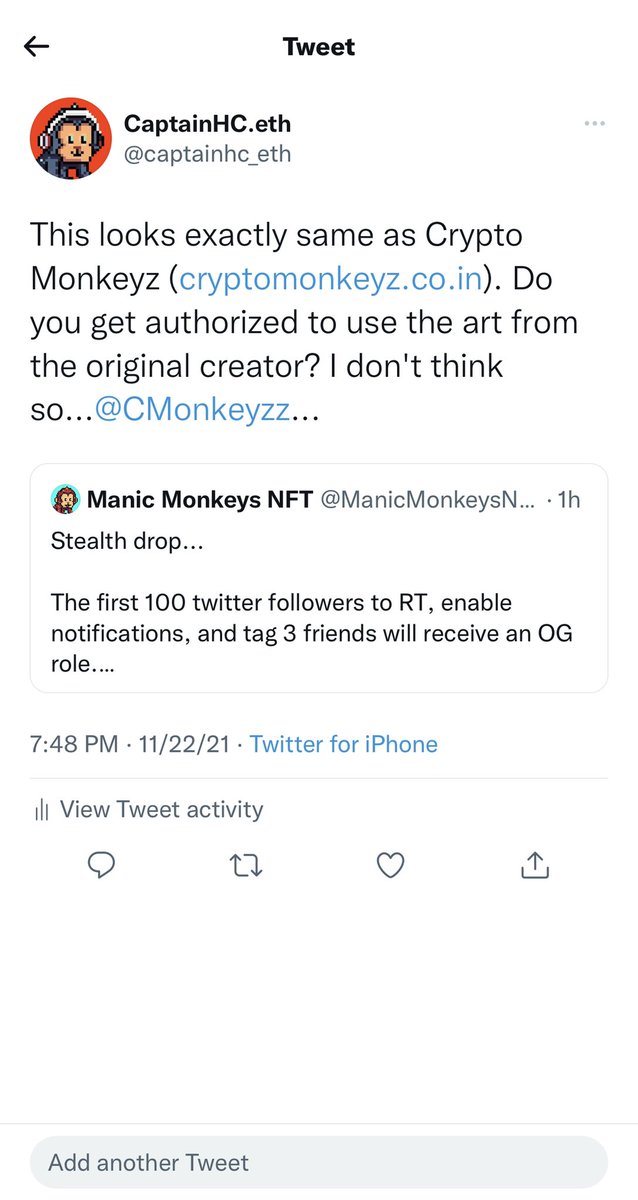 captainhc_eth's tweet photo. Anyone who happens to see "Manic Monkeys NFT", please be cautious...they stole the art from the original creator; when I challenged them, they blocked me immediately...#manicmonkeysnft #cmonkeyzz https://t.co/MaZWtFMMrR