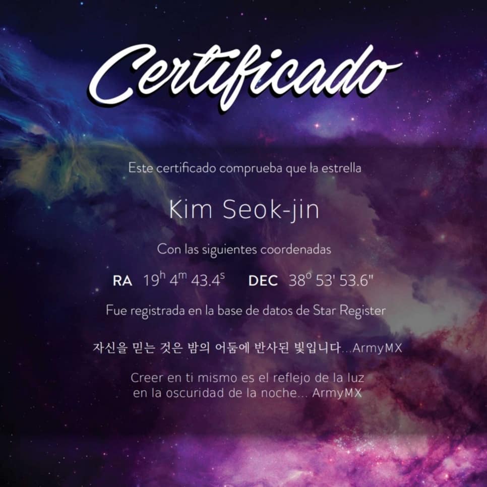 LUNA_HO_SEOK1's tweet photo. En colaboración con las fans #ARMY
Hemos registrado una estrella para complementar a nuestra luna para celebrar su cumpleaños.
#SeokJin #KimSeokJin #moon #epiphany #HappyBirthdayJin #JinDay #BTSxAMAs #BTS #BTSARMY
#ARMYMX30+
#BAM
#BIRTHDAYBTS https://t.co/G0WRoP22ex