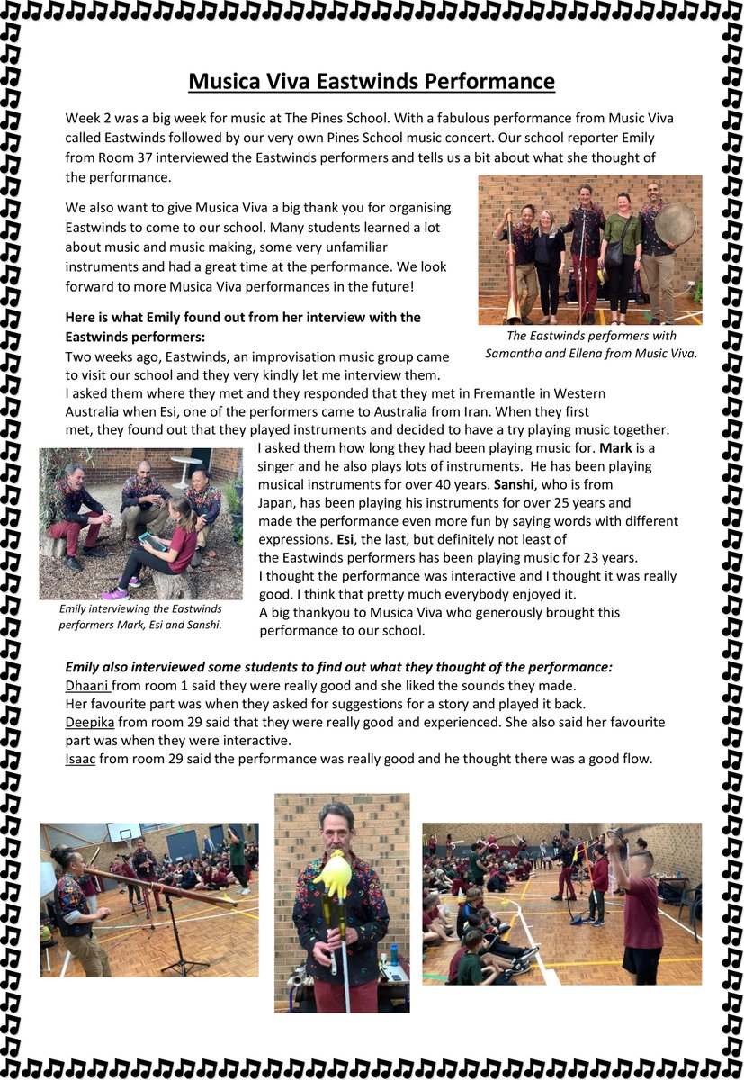 Excuse the text overload, but it's worth the read! We simply had to share this touching news letter written by a student at The Pines School, SA after a performance from Eastwinds. ☺

Check it out! 👇