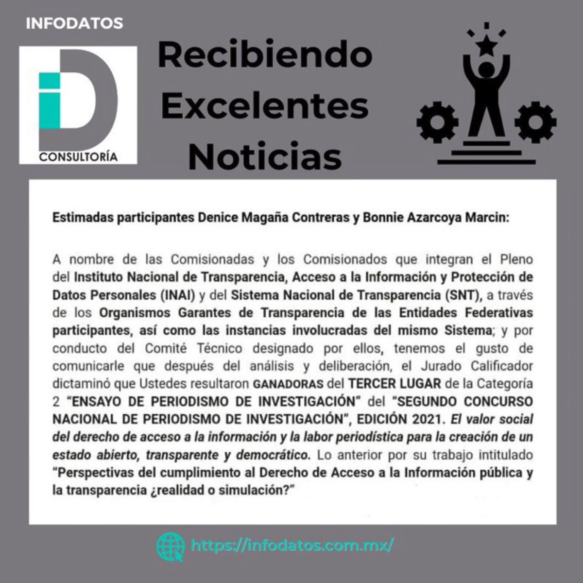 iD_Consultor's tweet photo. Yucatán obtiene el tercer lugar en el 2° Concurso Nacional de Periodismo de Investigación organizado por el @INAImexico. Con orgullo y dedicación trabajando por la #Transparencia #DAI #datospersonales #RendiciónDeCuentas  @DeniceMagana @BonnieAzarcoya https://t.co/uQBaBw2Q49 https://t.co/XQwKzCtSKJ