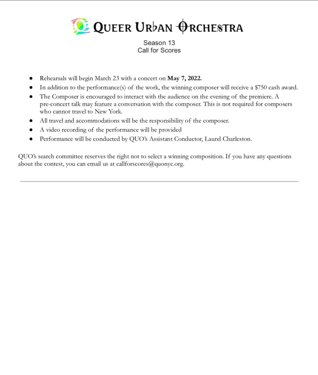 YannyCharleston's tweet photo. Attention Transgender, Non-binary and Gender Nonconforming composers!!!

The Queer Urban Orchestra is now having a call for scores from Transgender, Non-binary and Gender Nonconforming composers. The winner will receive $750, performed by us &amp; conducted by me!!

Pls share 💗💙🤍 https://t.co/mmF8cfuB6q