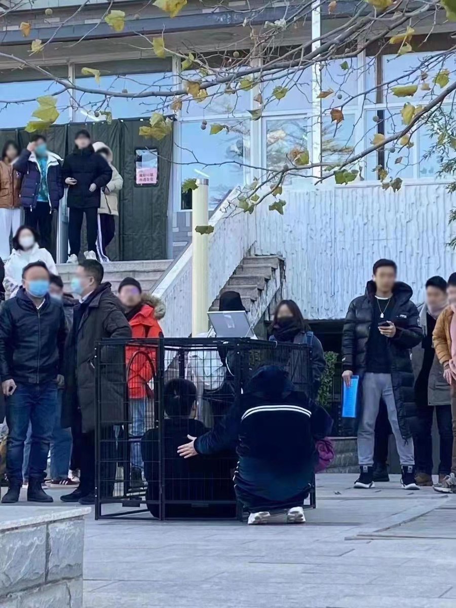 HoesomeChina's tweet photo. A performance art piece created by a student of the Beijing Film Academy went viral on Weibo but disappeared quickly. In the piece, a student is trapped in a cage with a mask covering his eyes, and a card above the cage reads "Don't get out of the cage unless necessary". https://t.co/n6KHYETCq7