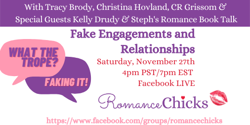 TracyBrodyBooks's tweet photo. Saturday I'll be live chatting about fake relationships in romance with @HovlandWrites, Kelly, &amp; Steph. @CRGRISSOMbooks will pair drinks with the genres.  🍷@RomanceChicks
 
We'd love for you to join us. Tell us if you've ever faked a relationship or love to read about them. https://t.co/B3ARYTN64x