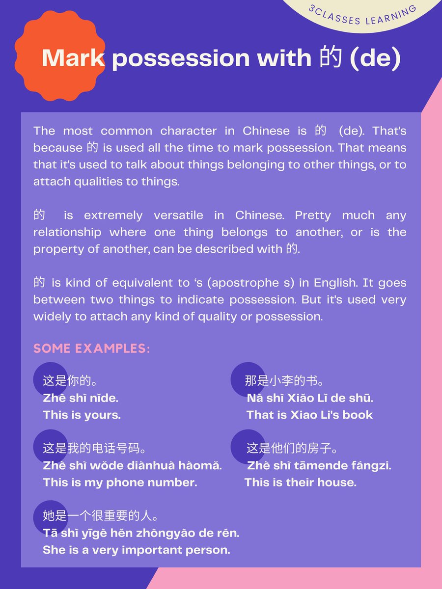 3Classes_com's tweet photo. In Chinese, possession is marked with the particle 的 (de), placed after the "owner" noun or noun phrase. This particle works in a similar way to apostrophe-"s" in English but is used much more broadly in Chinese. Here let’s highlight one of its simplest and most common usages. https://t.co/SkwR2Wa6zY