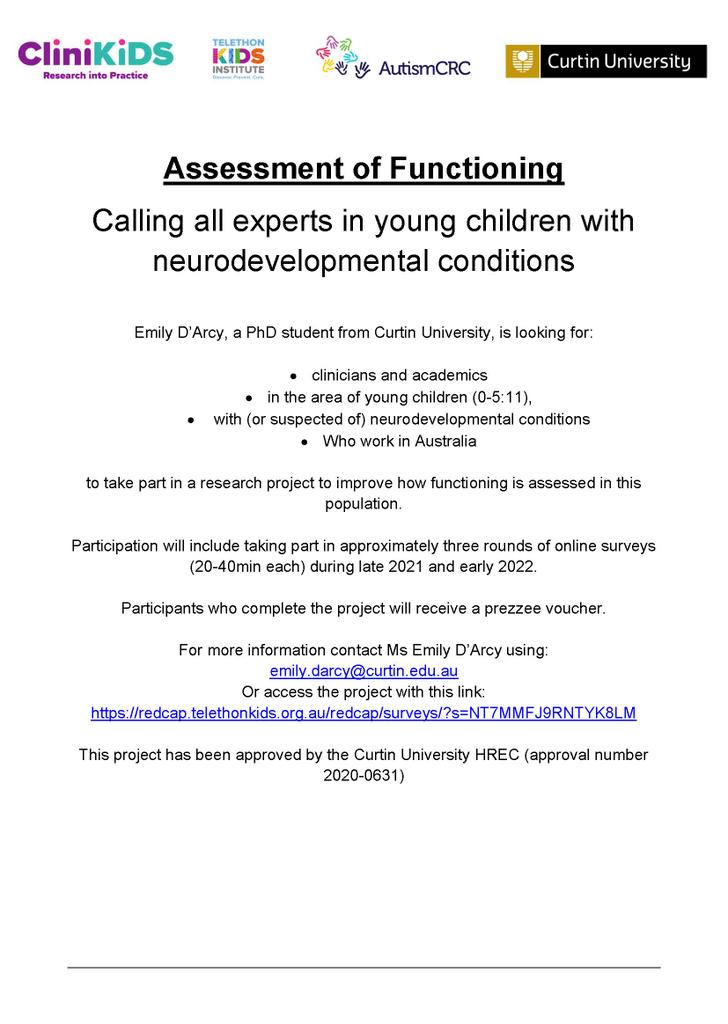 Looking for experts in young children with neurodevelopmental conditions for a study to improve how assessments of functioning are done in this population. 

Link: redcap.telethonkids.org.au/redcap/surveys…