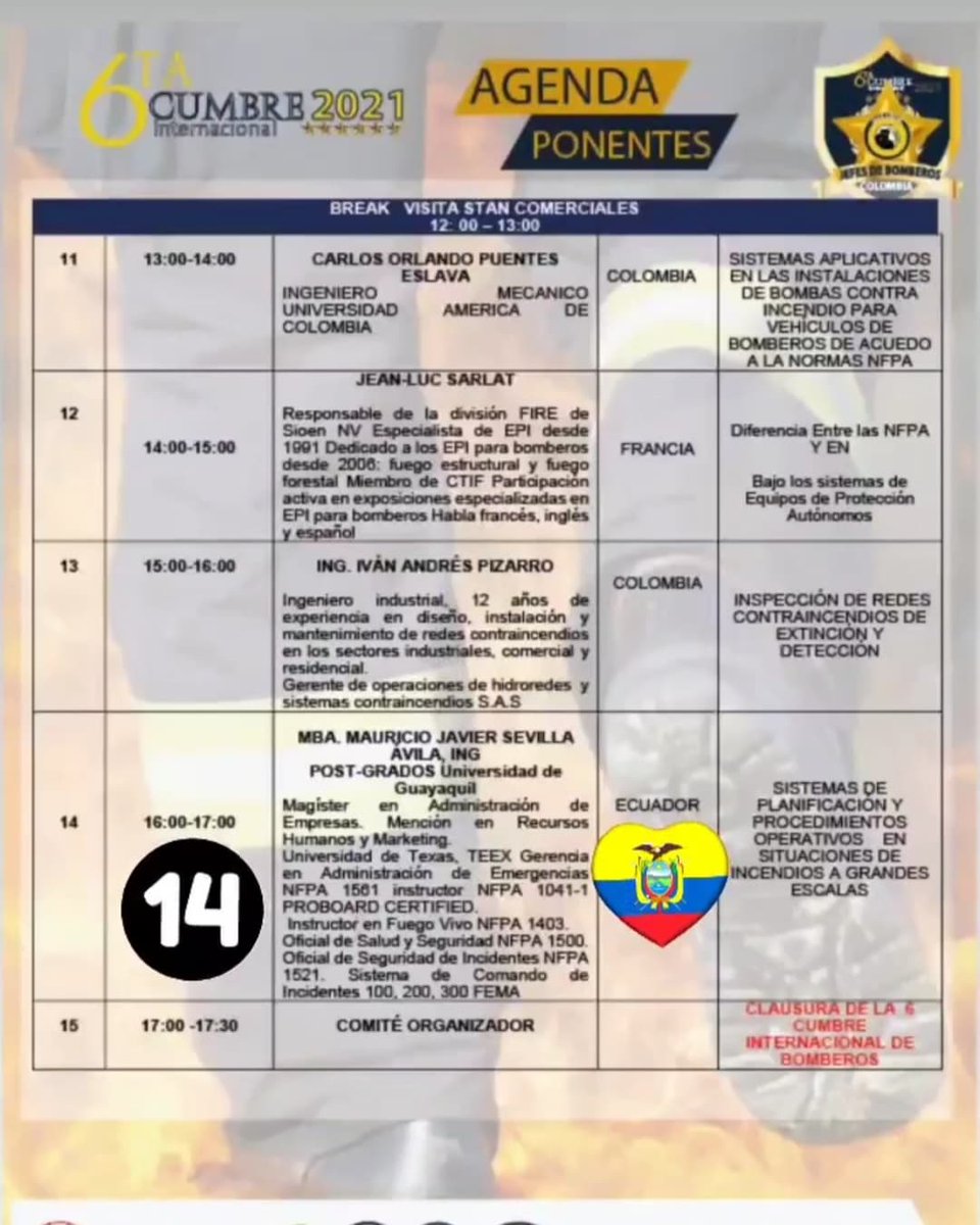 6ta Cumbre Internacional de Bomberos dirigida a Jefes de Bomberos en Colombia, Señores Oficiales y Comandantes de los Cuerpos de Bomberos a realizarse en Cartagena de Indias.
Agradeciendo por la invitación recibida de su parte y participar como representante de #Ecuador🇪🇨