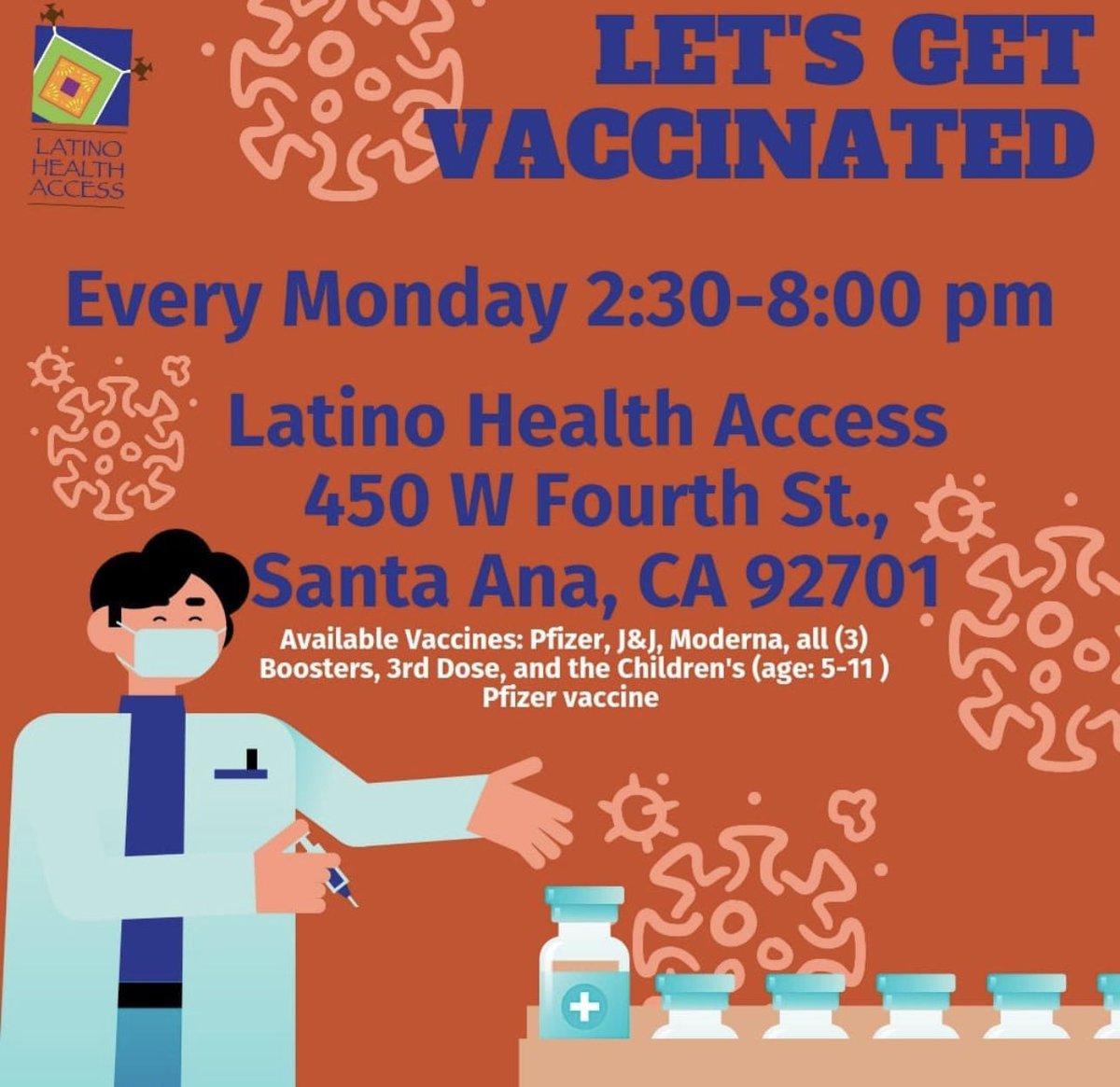 Hector4SAUSD's tweet photo. Just got my booster shot thanks to @LHAORG! Vaccination clinic every Monday from 2:30-8:00PM. All 3 vaccines available. If you havenโt been vaccinated or looking to get your booster you can visit https://t.co/gjBCbru6Ff or call 714-805-7838 to make an appt. #modernamami ๐ฅต https://t.co/dAajD2tl33