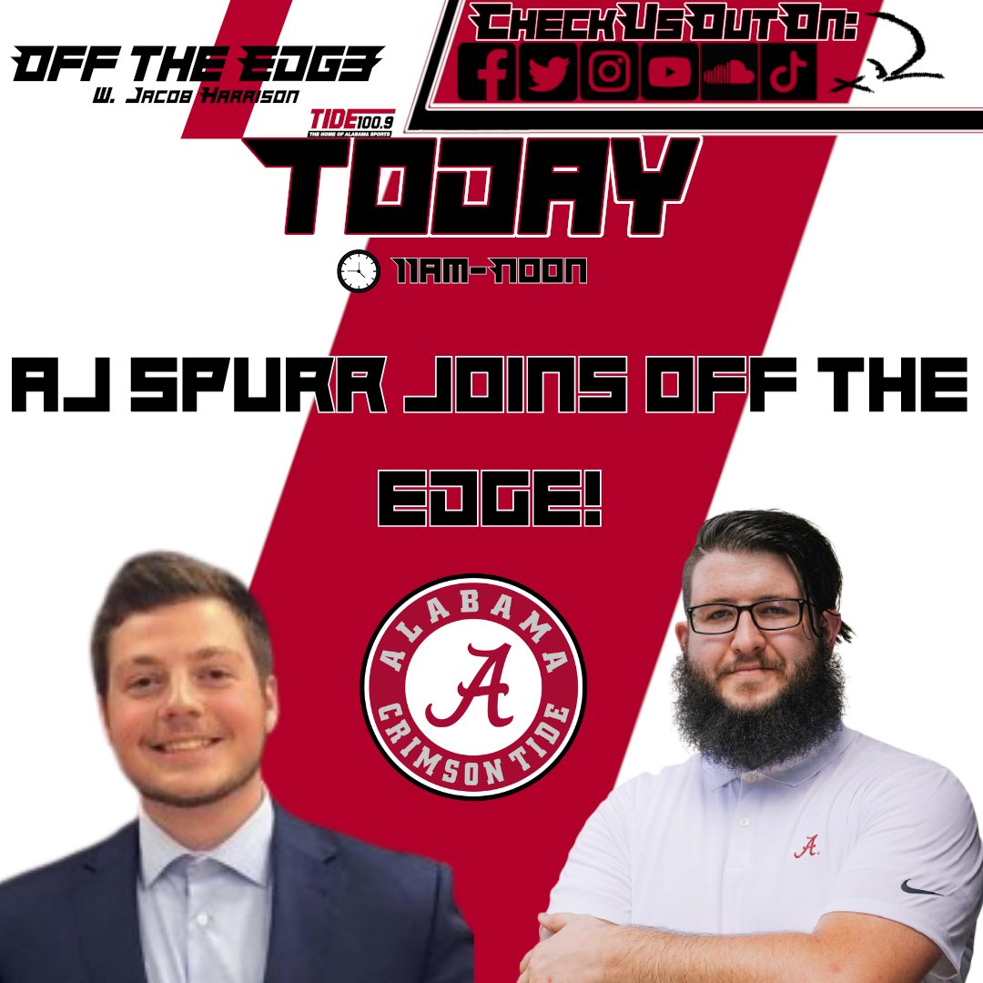 OffTheEdge1009's tweet photo. Today on @OffTheEdge1009 we are joined by site editor for Roll Tide Wire, @SpurrFM! Join him and your host, @JHarrisonOTE, to talk all about the Iron Bowl this weekend and more! Only on @Tide1009!

Join the conversation! (205) 342-9904

#AlabamaFootball #RollTide https://t.co/XO45NTlxPR