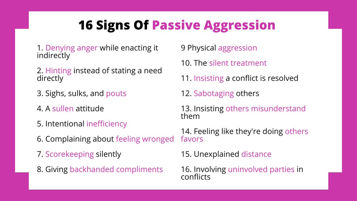 PsychToday's tweet photo. Dealing with a passive-aggressive person can be challenging, but identifying the behavior can help you address it. Do you recognize any of these red flags from your own relationships? https://t.co/ZeONG99DCz https://t.co/78e7kMaJ5Q