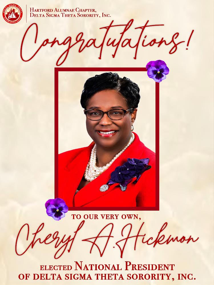The Hartford Alumnae Chapter is thrilled to announce our very own, Soror Cheryl A. Hickmon was elected National President of Delta Sigma Theta Sorority, Inc. at the 55th National Convention in Atlanta!

#ExcellenceintheEast #DST1913 #DSTConvention2021 #HACDST #WeAreDST