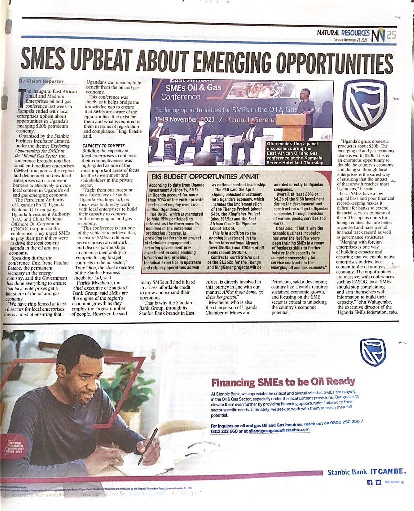 TrendRoomUG's tweet photo. Following the #EASOG conference, @stanbicug through the @SBILIncubator will finance SMEs to take up opportunities in the oil and gas sector. https://t.co/UxIyIg0r7O