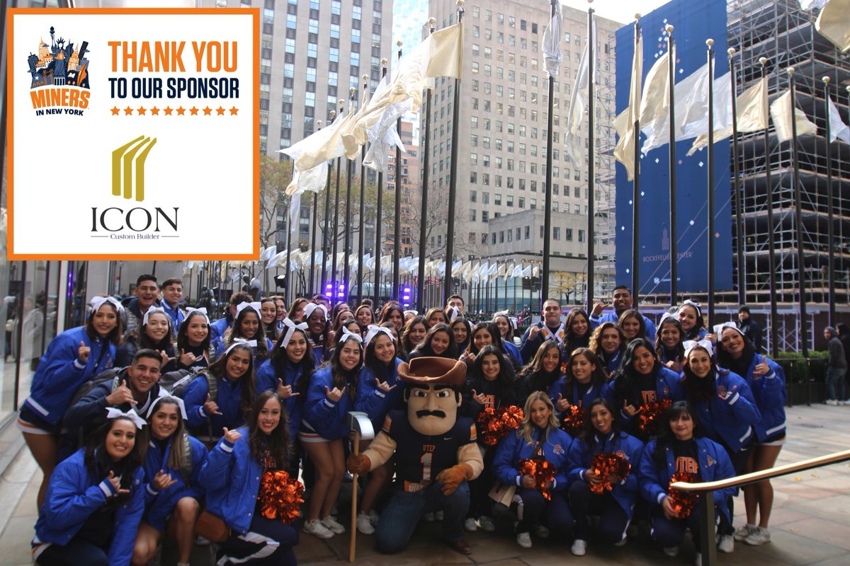 UTEPCheer's tweet photo. ⛸Miners in New York part 6:
We’d love to give a HUGE shoutout to @ICONCustomHomes for helping us get to NEW YORK, we couldn’t be here without y’all!! GO MINERS📣🤙
📍Rockefeller Center
#minersinnewyork #thanksgivingdayparade #utep #picksup #gominers #utepcheer #utepdance https://t.co/htmYiLS6ak