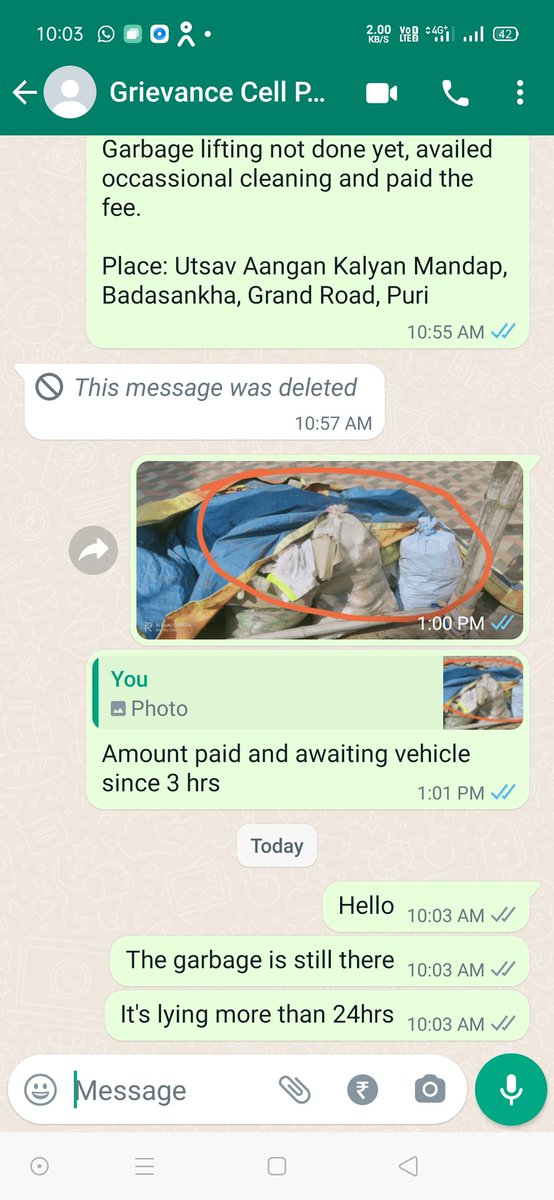 JoinDebasis's tweet image. Garbage lying since more than 24hrs of mrg programme but still didn&apos;t lifted. Gave repeated calls to 5 to 6 no. of staffs and #WhatsApp messages to authority @Puriulbeo and #Grievance no. but still no result, the area is stinking now.
Cc: @Puri_Official @samarth_verma @CMO_Odisha