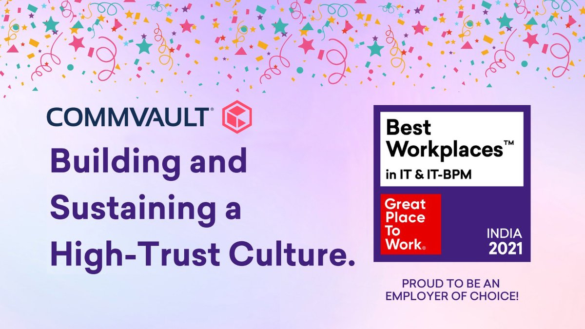 RiyaBorkotoky's tweet photo. We are so thrilled! @Commvault has been recognized among the Top 75 India’s Best Workplaces™ in IT & IT-BPM 2021 by @GPTW_India. Proud to be a Vaulter and part of a culturally rich organization!
#CommvaultLife #BestinIT #GPTW4ALL https://t.co/C4tnmi0sFA