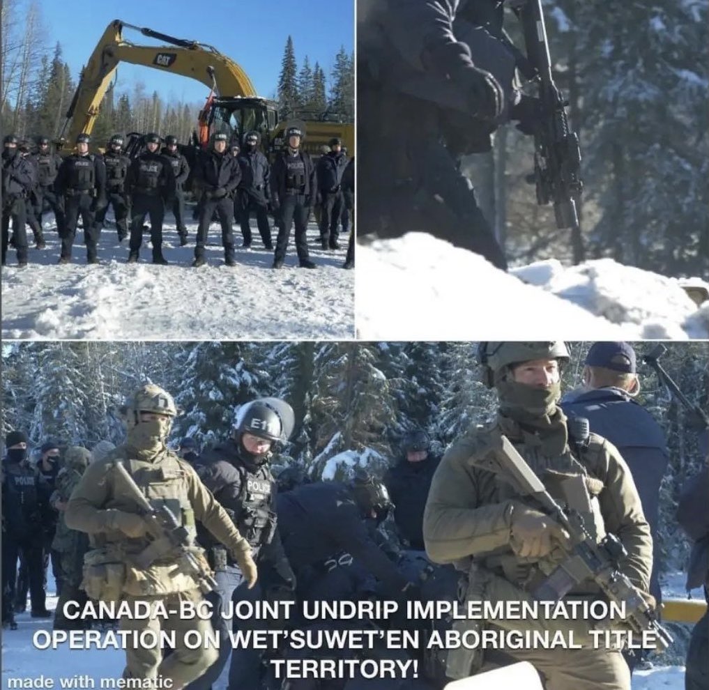 <a href="/LeoDiCaprio/">Leonardo DiCaprio</a> <a href="/IndiMiro/">India Logan-Riley</a> <a href="/MingaIndigena/">Minga Indígena</a> <a href="/RnfrstAlliance/">Rainforest Alliance</a> <a href="/Greenpeace/">Greenpeace International</a> <a href="/GeorgeMonbiot/">George Monbiot</a> <a href="/Survival/">Survival International</a> <a href="/aippnet/">Asia Indigenous Peoples Pact (AIPP)</a> <a href="/IENearth/">Indigenous Environmental Network</a> <a href="/futuroindigena/">Futuros Indígenas</a> <a href="/arsched/">Arshad Sharif</a> <a href="/BiancaJagger/">Bianca Jagger Nicaraguense por gracia de Dios 🇳🇮</a> Ystdy, <a href="/JustinTrudeau/">Justin Trudeau</a> tweeted this thread about “full recognition &amp; respect of the rights of Indigenous people”

Today, he sent armed police &amp; bulldozers to force the #Wetsuweten peoples from their land in contravention of Art 10 of #UNDRIP

#AllOutForWedzinKwa <a href="/Gidimten/">Gidimt’en Checkpoint</a> #Canada