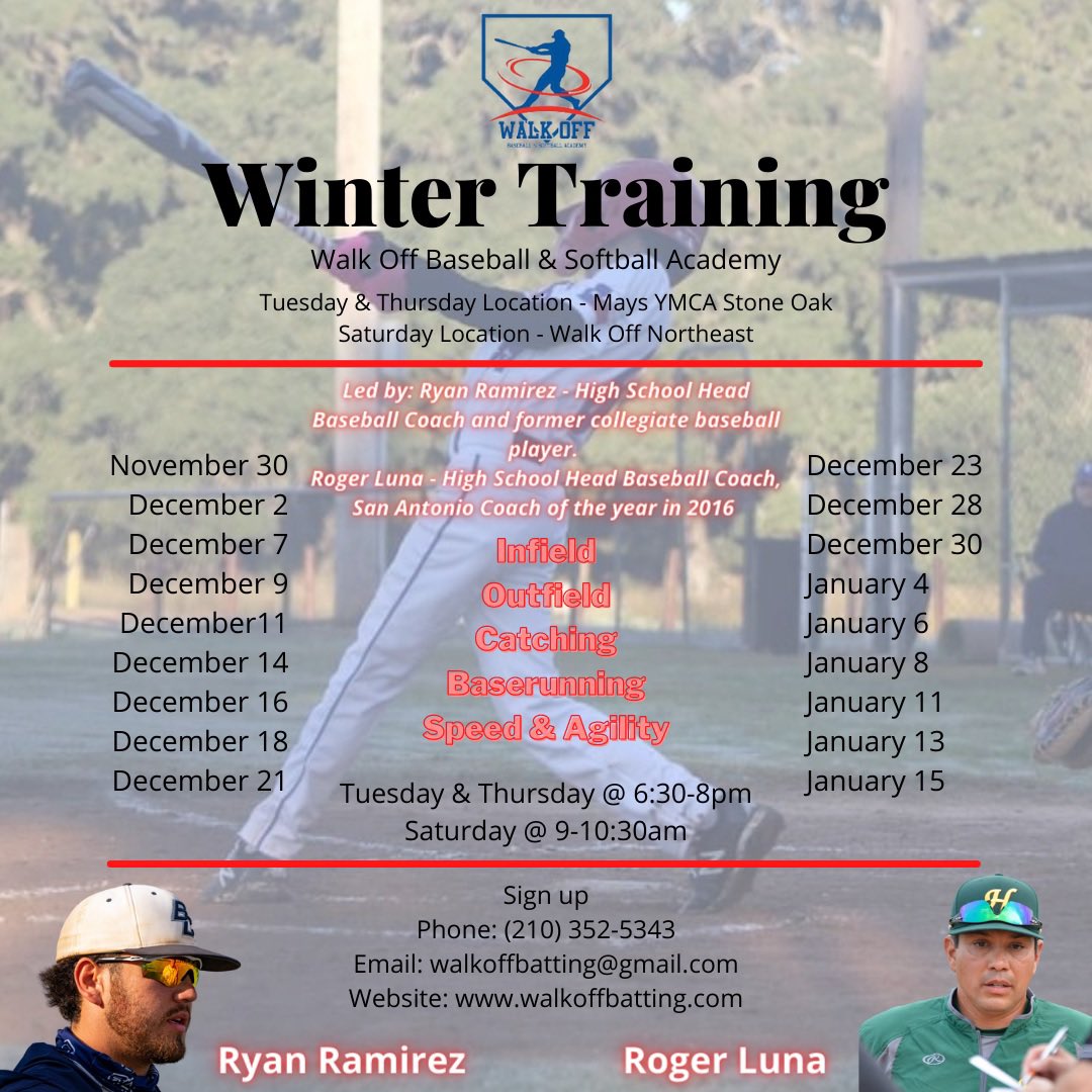 ⚾️❄️ Walk Off Winter Training ❄️⚾️
➡️ November 30th - January 15th ⬅️
Every Tuesday &amp; Thursday from 6:30-8pm @
📍Mays YMCA Stone Oak📍AND
Every Saturday from 9-10:30am @ 
📍Walk Off Northeast📍

➡️ Sign Up HERE —&gt; esoftplanner.com/v3/planner/cam… 

Questions?
📞➡️(210)-630-1170