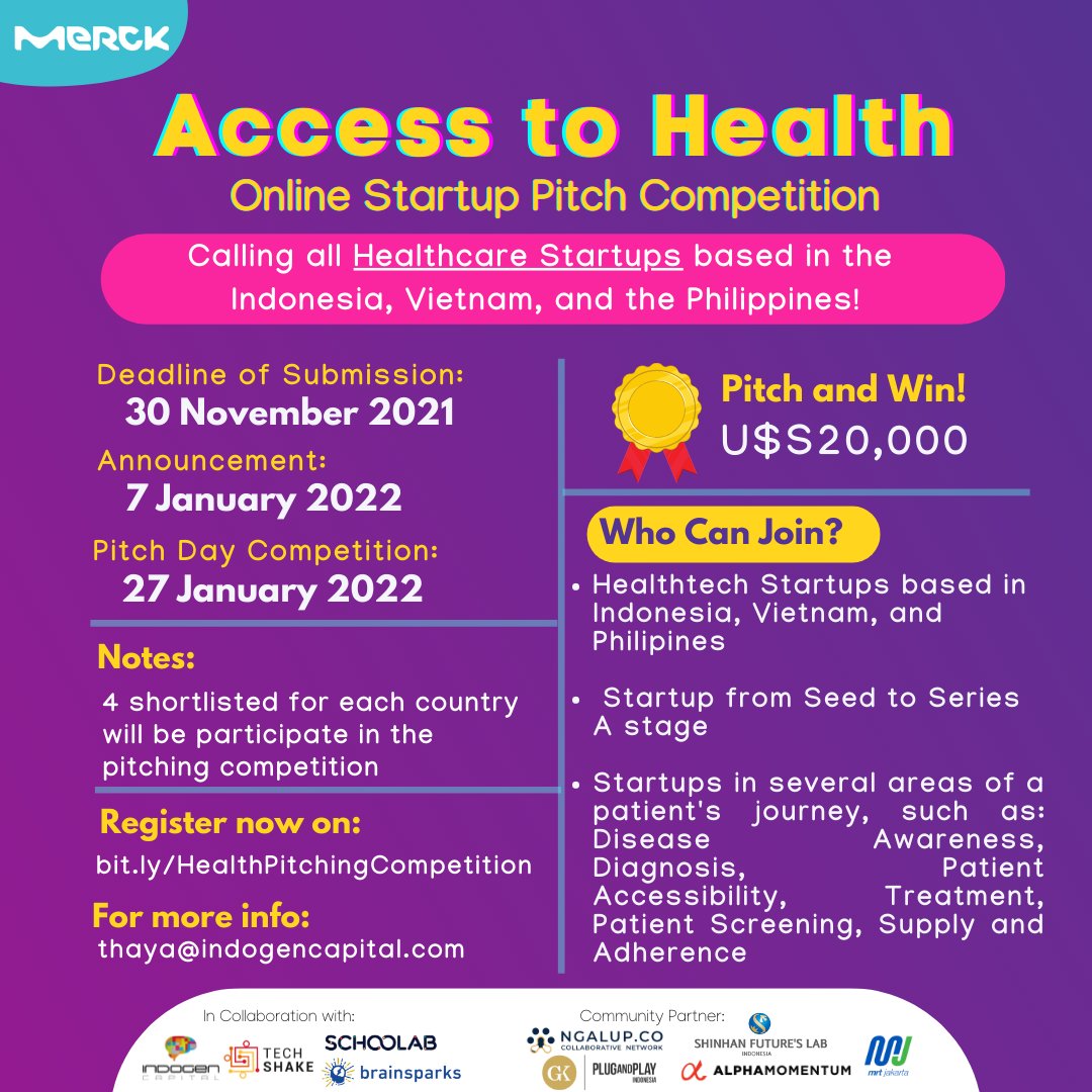 FutureslabID's tweet photo. Indogen Capital in collaboration with Merck Indonesia, TechShake Asia,  Brainsparks, and Schoolab proudly present “Access to Health Pitch Competition 2021" https://t.co/0QvmuRyl80