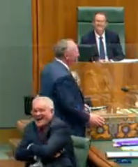 ItsBouquet's tweet photo. A couple of highlights from Barnaby's drunken rant in today's #qt.
Morrison nearly wetting himself with the hilarity of it all ... and the new Speaker reckons it's a hoot as well! https://t.co/RgVlzh32gQ