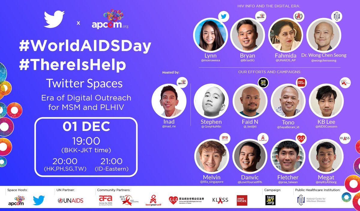 On #WorldAIDSDay, <a href="/apcom/">APCOM Foundation</a> <a href="/Twitter/">Twitter</a> &amp; <a href="/UNAIDS_AP/">UNAIDS Asia Pacific</a>  will host a special conversation with MSM communities and people living with #HIV on the era of digital outreach, innovations &amp; best practices from the region. 
Follow the conversation below👇🏽#ThereIsHelp 
x.com/i/spaces/1lDxL… 🐥