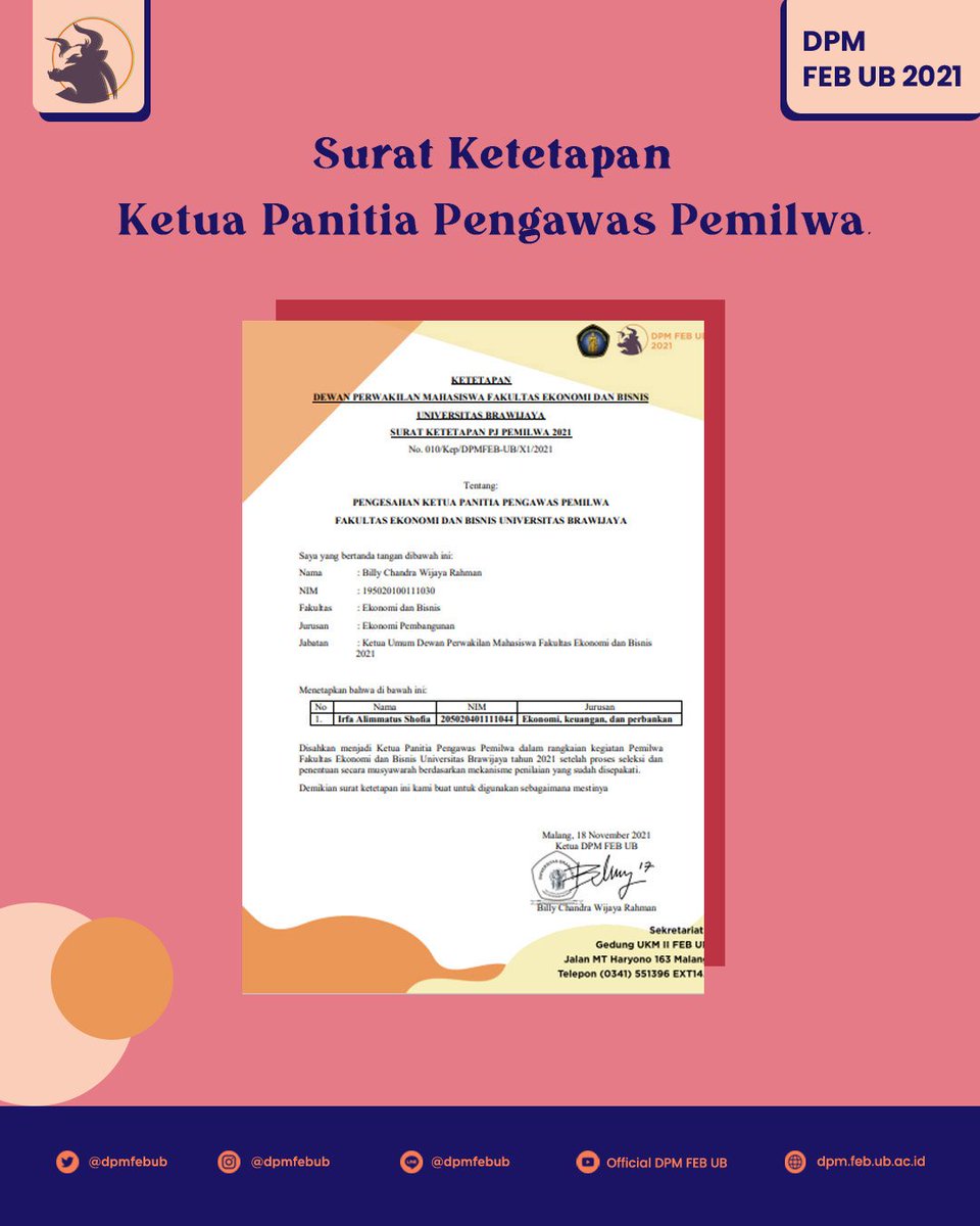 DPMFEBUB's tweet photo. [PENGUMUMAN KETUA PANITIA PELAKSANA &amp; PENGAWAS PEMILWA KM FEB UB 2021]

Halo KM FEB UB!

Berikut kami infokan terkait Surat Ketetapan Panitia Pelaksana dan Panitia Pengawas Pemilwa KM FEB UB 2021. https://t.co/zx57a6SSlE
