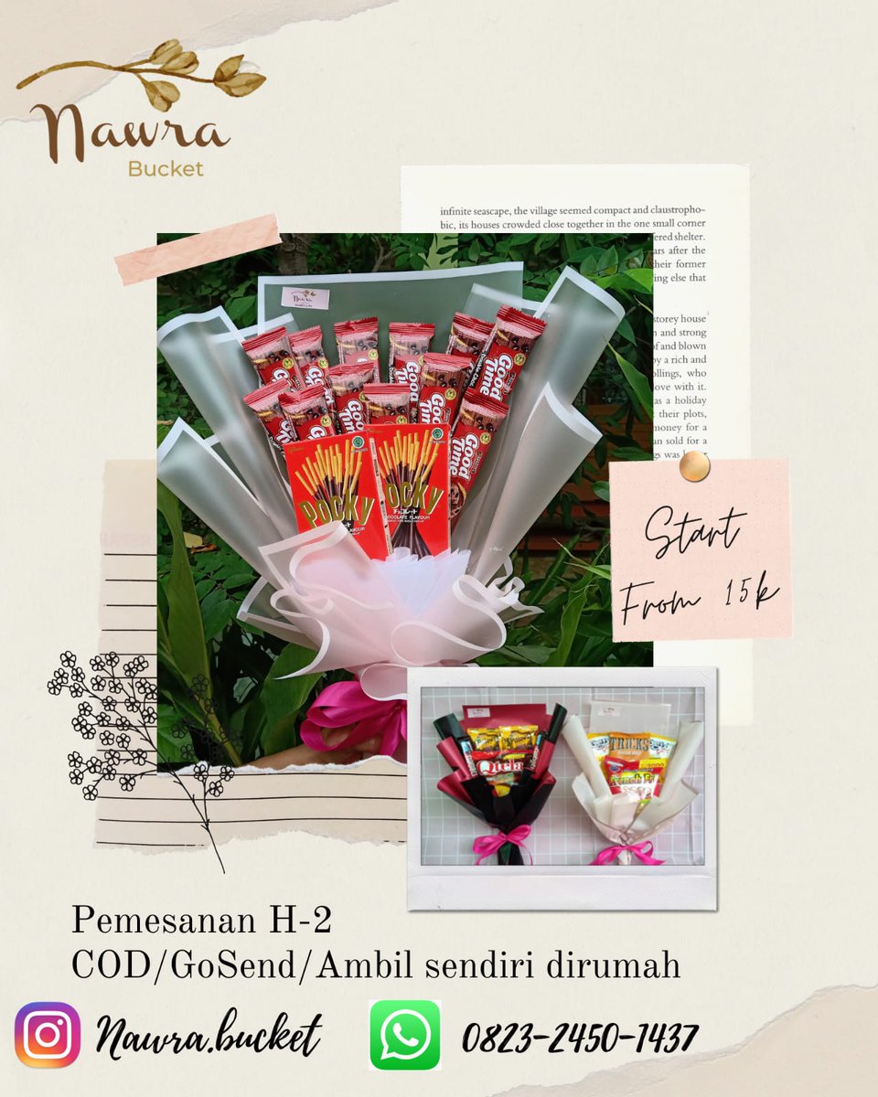 tegalfess's tweet photo. [PP] Halo sedulur! Buat kalian yg lagi cari perbuketan untuk orang terspecial dihari terspecialnya, kita ada solusi. Di Nawra buket bisa order buket sesuai budget dan req kalian. Start from 15k. Ada buket Snack, uang &amp; artificial flower
More info kunjungi kami di ig @nawra.bucket https://t.co/IMOupjHudK