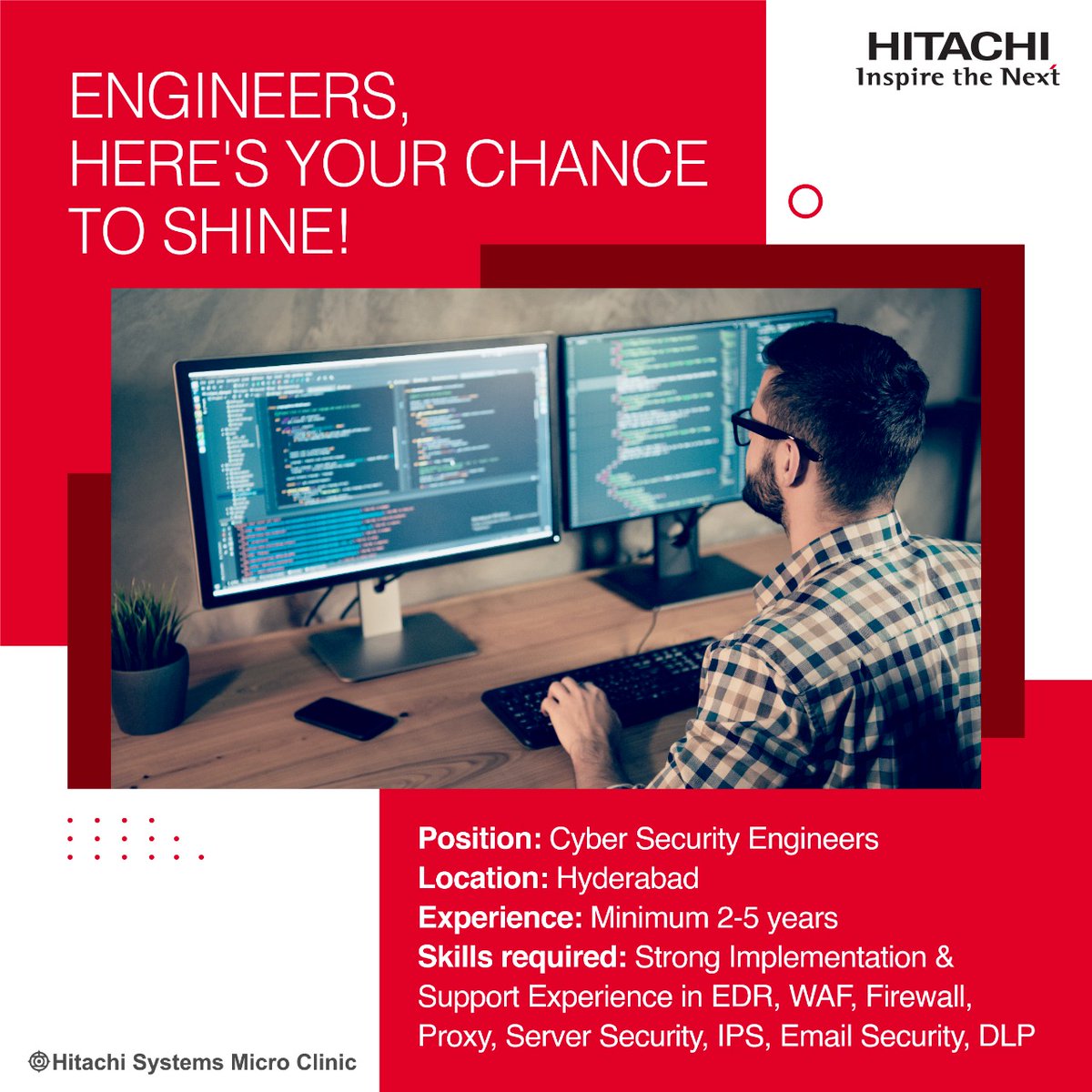 HitachiSysIndia's tweet photo. We're looking for the best #CyberSecurityEngineers at Hitachi Systems Micro Clinic. If you fit the bill, kindly send your CVs to mrigank.mishra.ej@hitachi-systems.com and mansi.pant.ev@hitachi-systems.com
#Recruitment #CyberSecurity #Engineers #Hiring #ApplyNow https://t.co/Mk9Hrs0tKd