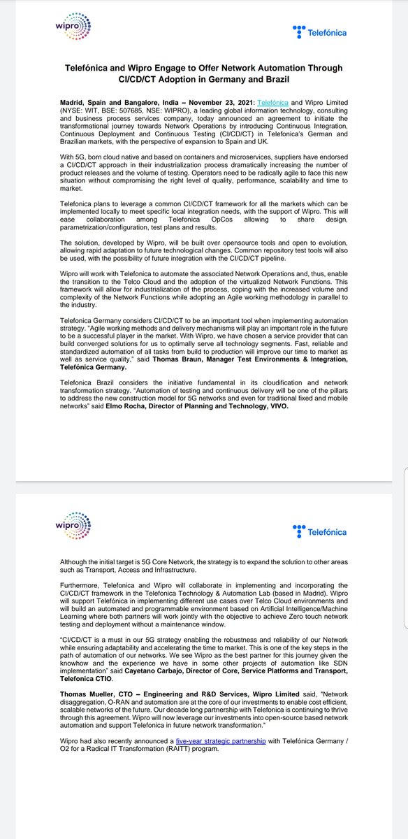 pareekhjain's tweet photo. Telefónica & Wipro Engage to Offer Network Automation Through CI/CD/CT Adoption in Germany, Brazil for 5G, ORAN.
A good win for @Wipro. Congratulation Wipro #EngineeringNXT team. @harmeetchauhan Thomas Mueller Deepak Tripathy, @Nitichandra
#EIIRTrend #engineering #5G #deal https://t.co/zW5TBzrnsM