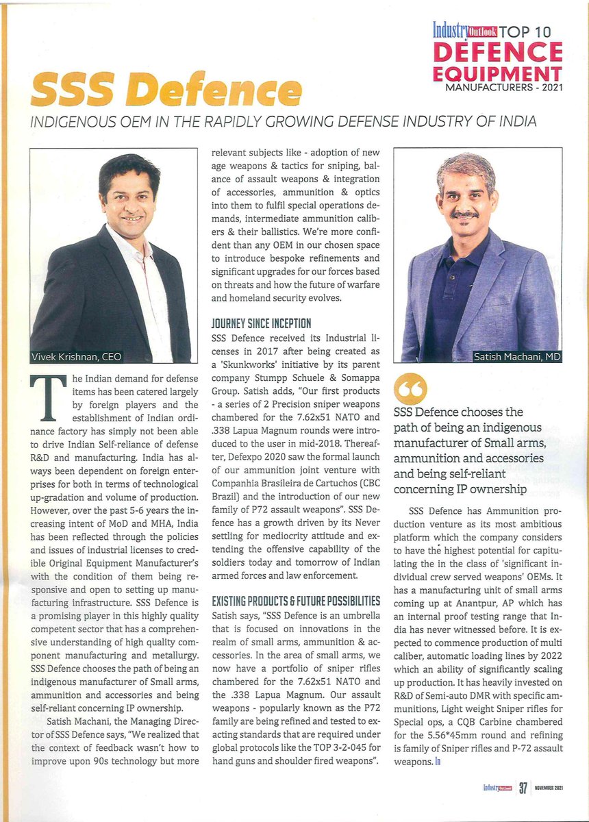 sssdefence's tweet photo. Honoured to be considered by @theindustryout1 as Top 10 Defence Equipment Manufacturers 2021. Our dedication to superior quality and #MakeInIndia continues. 💪 #Defence #IndianArmy #AatmaNirbharBharat https://t.co/37F5O44eJP