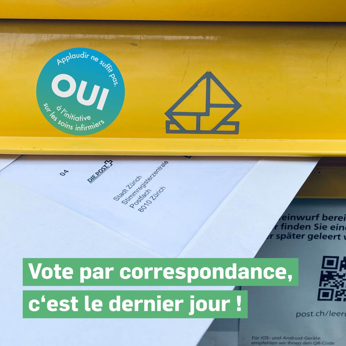 SoinsFortsOUI's tweet photo. 📮 Si vous votez par correspondance, c'est aujourd'hui le dernier jour pour envoyer votre bulletin au bureau de vote par courrier B. Merci de voter Oui à l'#initiativeSoinsInfirmiers pour assurer la qualité et la sécurité des soins 💚 💙 
#SoinsFortsOui https://t.co/md64uBwQJp
