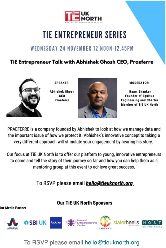 bellpress_alex's tweet photo. @equitusworld founder and @tieuknorth board member @raam_s13 will be talking to @praeferre's Abhishek Gosh tomorrow as part of the TiE entrepreneur series. To RSVP email hello@tieuknorth.org https://t.co/B4TqXoiagB