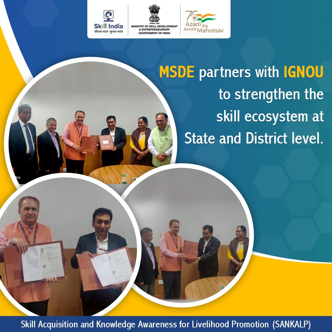 MSDESkillIndia's tweet photo. MSDE has signed an MoU with IGNOU to build capacity of State Skill Development Missions &amp; District Skill Committees. This is a key initiative under #SANKALP to enable decentralised planning, implementation, monitoring &amp; management of skilling activities. #Skill4NewIndia https://t.co/1fHWfUT8EN