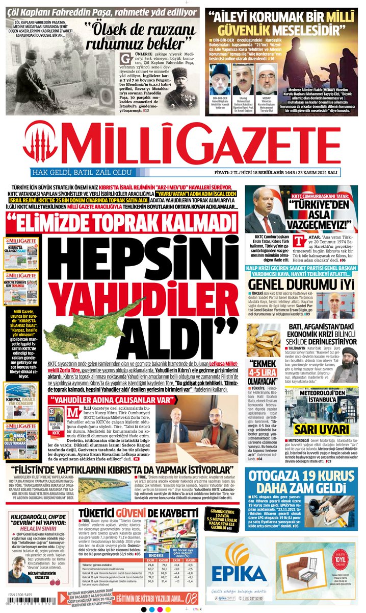 Millî Gazete'nin bugünkü birinci sayfası...
"ELİMİZDE TOPRAK KALMADI HEPSİNİ YAHUDİLER ALDI"

milligazete.com.tr/haber/8321367/…
