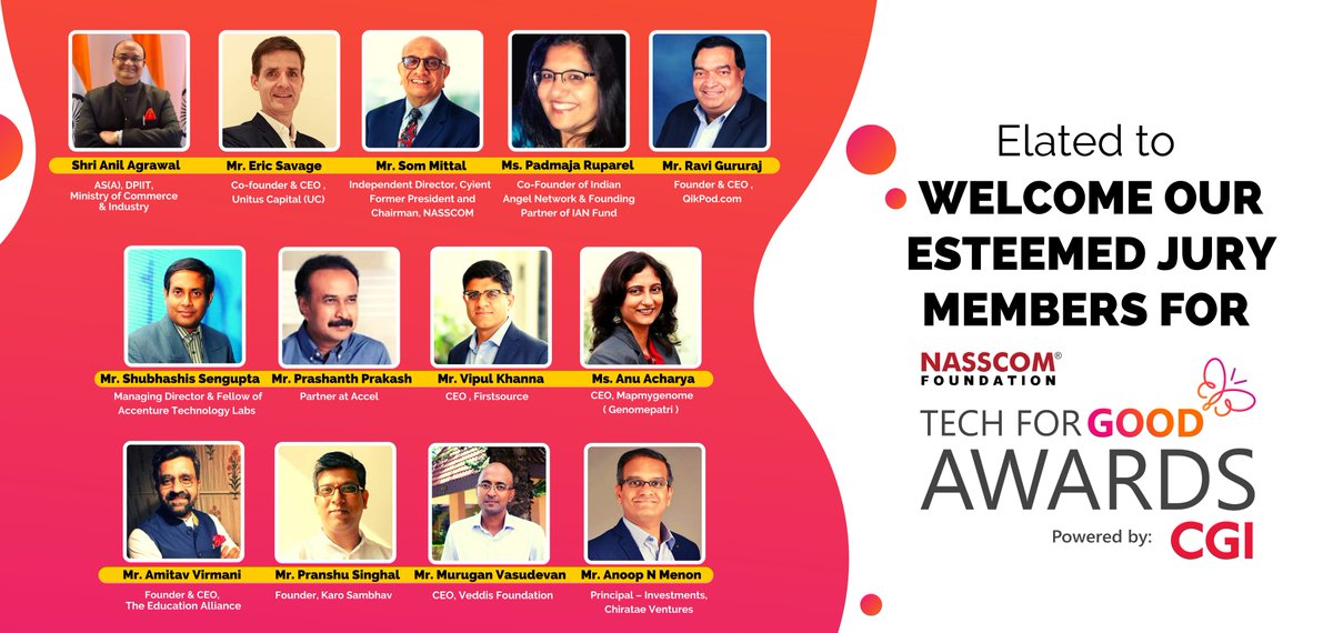 nasscomfdn's tweet photo. Proud to present the final leg of #TechForGood Awards - Powered by @CGI_Global. The final jury meets today! A huge welcome to the stellar lineup of experts who have come together to unlock the power of good using #technology #innovation https://t.co/s36tw6ORwy