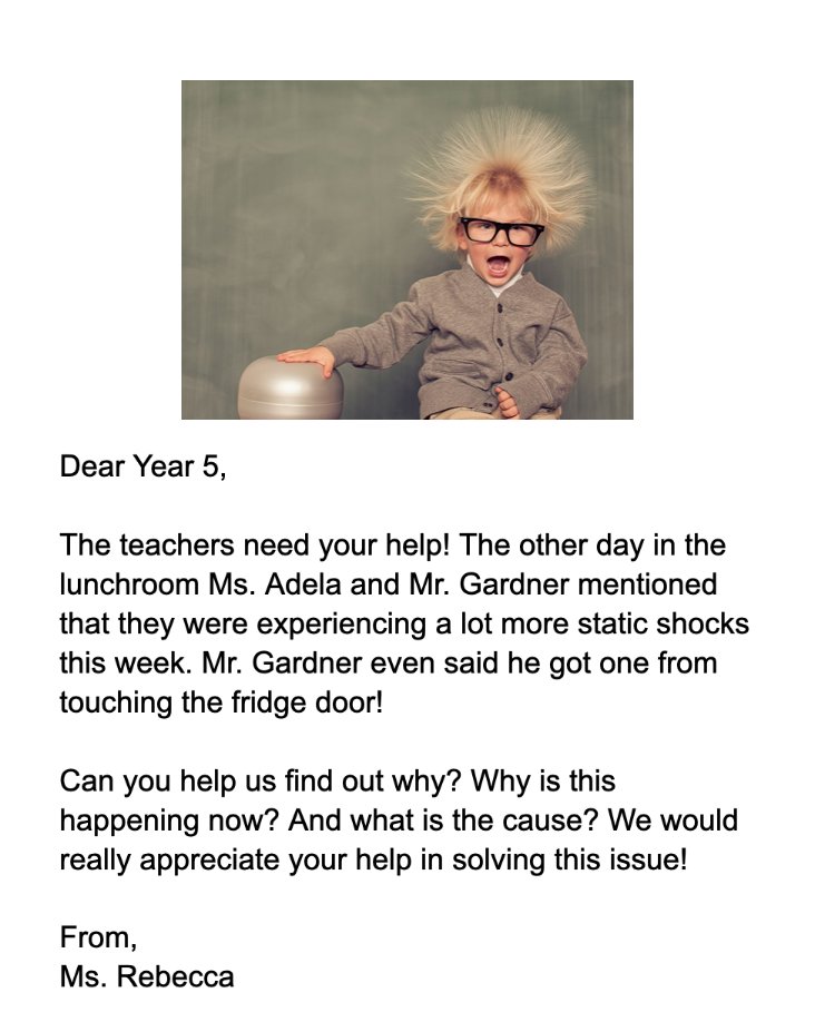 Inspired by a conversation I overheard in the staff room on 'static shocks', I brought the issue to the Y5 classes at @ThinkSchoolHK for them to solve. I have now received four emails with reasons &amp; solutions, and the students are calling themselves 'energy detectives'! #science