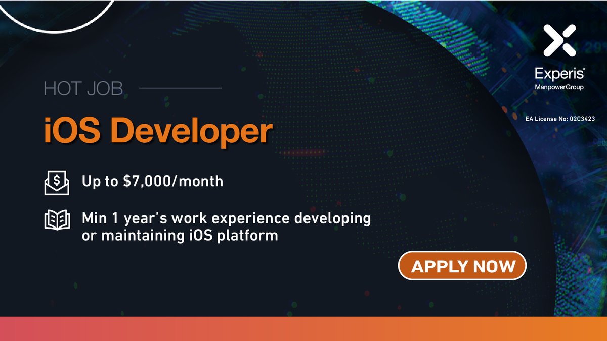 ExperisSG's tweet photo. iOS Developer | Min Diploma in Software Engineering/ Computer Science/ IT or equivalent | More Info/To Apply: https://t.co/ZWtwaJMl7X
#ExperisJobs #hiring #jobsearch #ITjobs #techjobs #bigdata #hotjobs #sgjobs #IT #techrecruitiment #applynow #iOSdeveloper #appdeveloper https://t.co/zaX2Gj731x