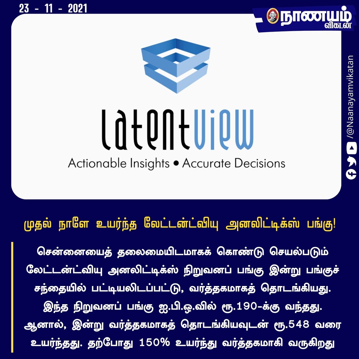 NaanayamVikatan's tweet image. முதல் நாளன்றே 150% உயர்ந்த லேட்டன்ட்வியு அனலிட்டிக்ஸ் பங்கு!

#LatentViewAnalytics | #IPO | #StockMarket