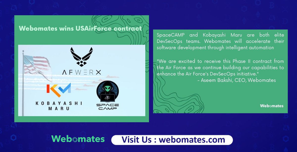 webomatesdotcom's tweet image. AFWERX awards Webomates a Phase 2 Small Business Innovative Research contract to accelerate US Air Force&apos;s Space CAMP &amp;amp; Kobayashi Maru, located at Space and Missile Command. 

#DevOps #intelligentautomation #IntelligentTesting #TestAutomation #Webomates