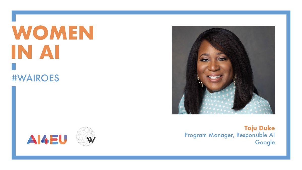 women_in_ai's tweet photo. MEET OUR WAIROE, @TojuDuke💥💥💥
@AI4EU & WAI celebrate 👏 our #WAIROE, Toju Duke, a programme manager from @Google.
Toju is committed to driving #EthicalAI frameworks that benefit people & society.
Read ➡️ https://t.co/bTYQImB1RI https://t.co/X78azClZ2e