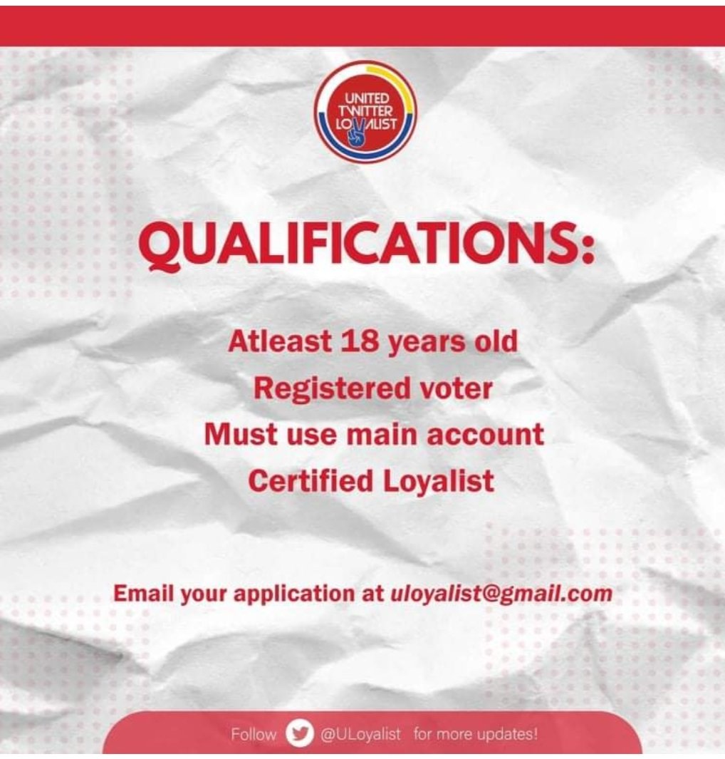 GarnetLOYALIST's tweet photo. ‼️ ANNOUNCEMENT ‼️

Hi Loyalist We are Looking for New Members po if You are interested to join us You can follow Me @GarnetLOYALIST and Mr. @ElvisLoyalist and Message Us for details.✌️

Qualifications are attached below

UNITED LOYALISTSDDS
#UniTeamMarcosSara https://t.co/OYPhkWeHRK