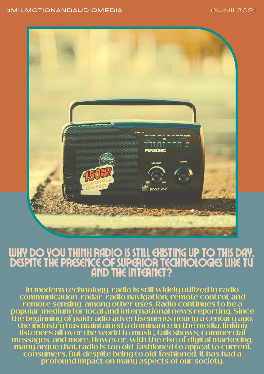leannemartir's tweet photo. Why do you think radio is still existing up to this day, despite the presence of superior technologies like TV and the internet?
#MILMotionAndAudioMedia #SecchiB
#XUMIL2021 https://t.co/mUSUVRukQx