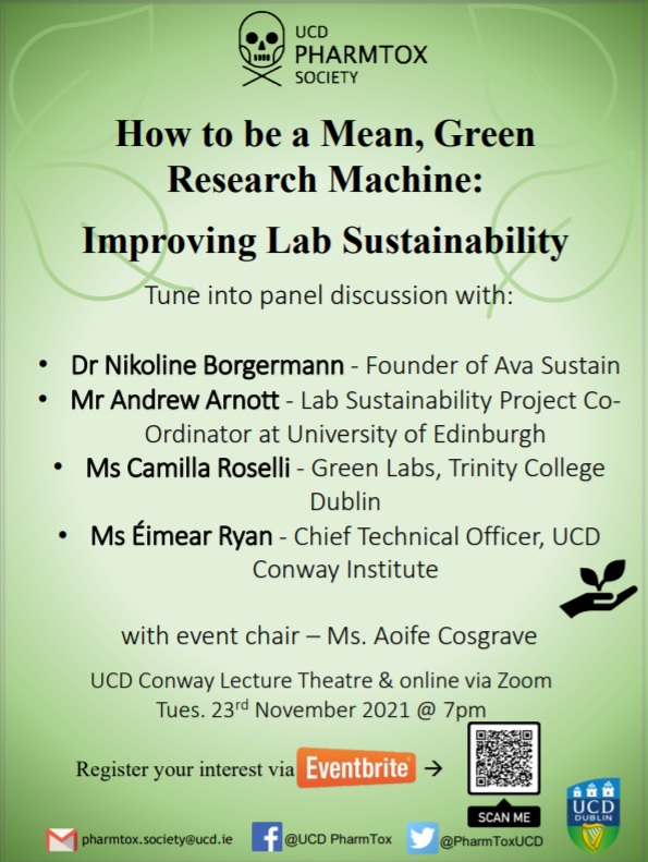 PharmToxUCD's tweet photo. Don't forget to get tour tickets for tonight's engaging discussion panel on how to be more sustainable in the lab!♻️🌿🔬🌳 Get your free virtual or in-person tickets here 👉 https://t.co/NgtcIOTqlt https://t.co/JxLlbeLxBz