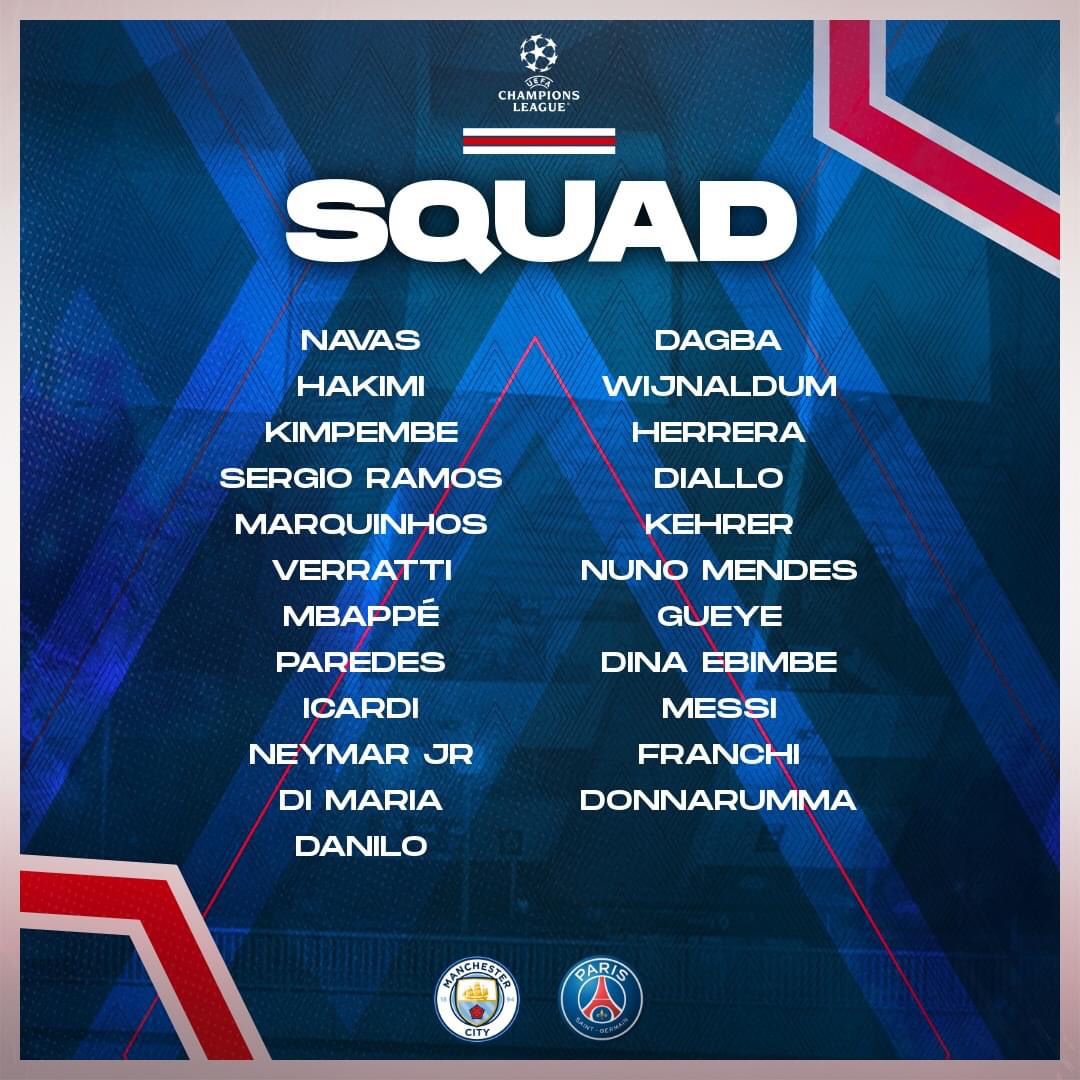 PSG_English's tweet photo. The Parisian squad for #MCIPSG! 📋🔴🔵

🏆 @ChampionsLeague https://t.co/VhuTOWSwJp